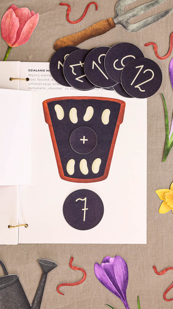 Ogrodnik Zestaw aktywnosci montessori do druku pdf printablekarty klamerkowe liczenie cyfry grafomotoryka matematyka ogrod lopatka tulipan ebook 01