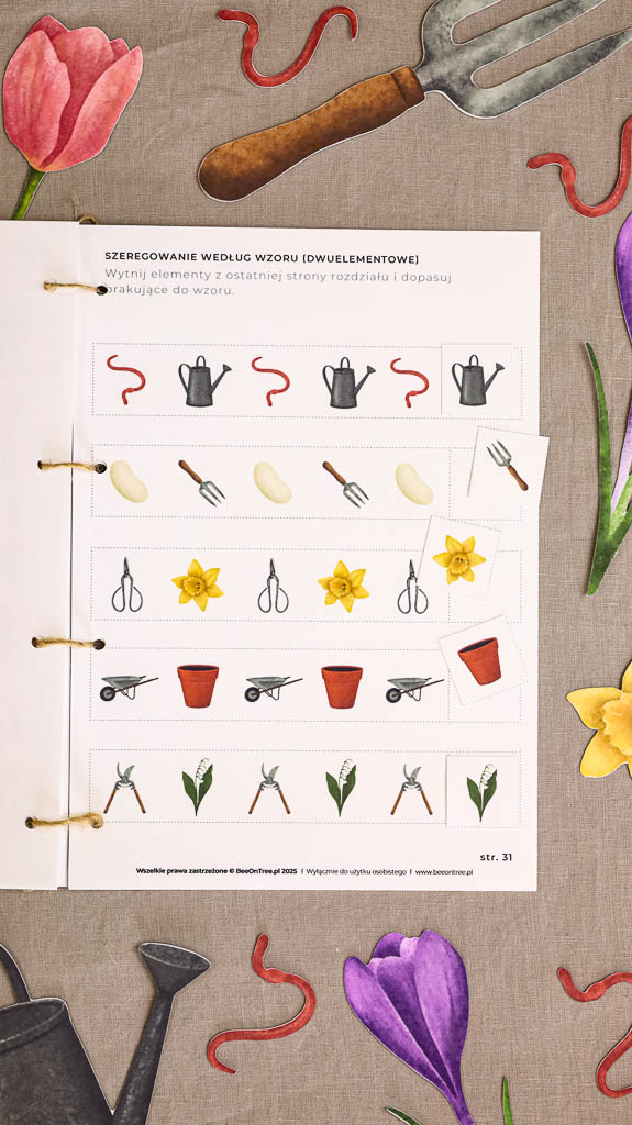 Ogrodnik Zestaw aktywnosci montessori do druku pdf printablekarty klamerkowe liczenie cyfry grafomotoryka matematyka ogrod lopatka tulipan ebook 02