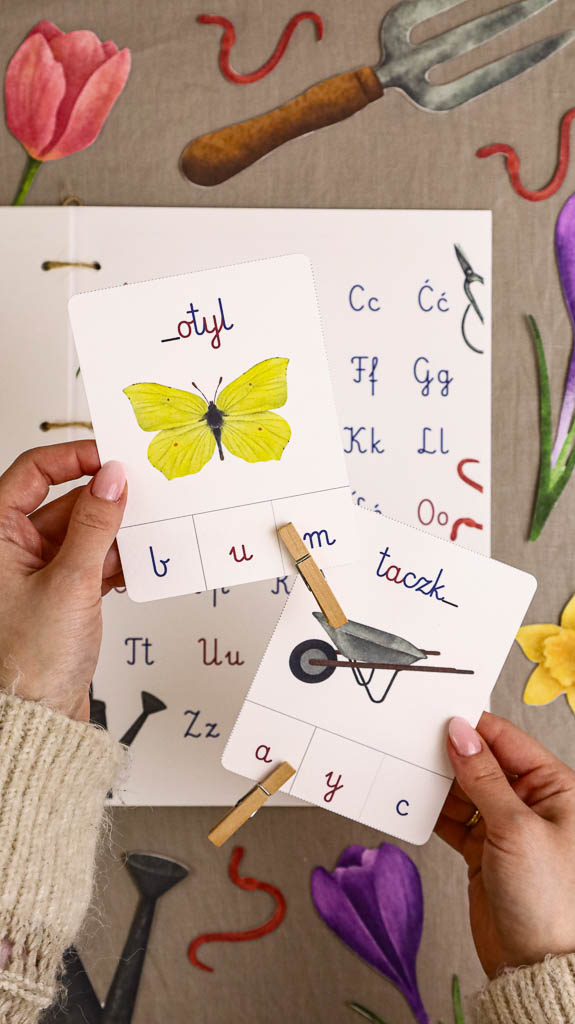 Ogrodnik Zestaw aktywnosci montessori do druku pdf printablekarty klamerkowe liczenie cyfry grafomotoryka matematyka ogrod lopatka tulipan ebook 03