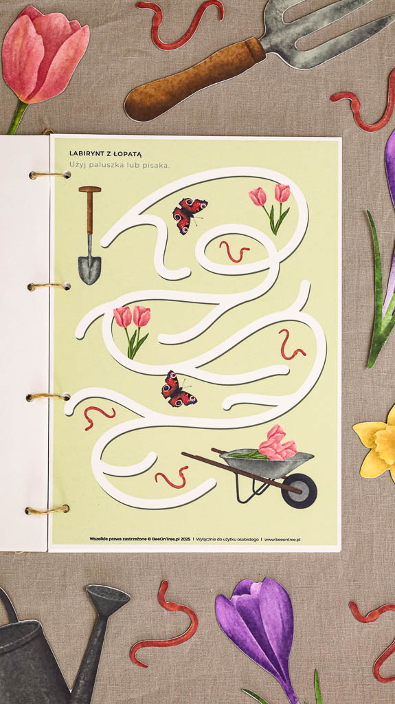 Ogrodnik Zestaw aktywnosci montessori do druku pdf printablekarty klamerkowe liczenie cyfry grafomotoryka matematyka ogrod lopatka tulipan ebook 06