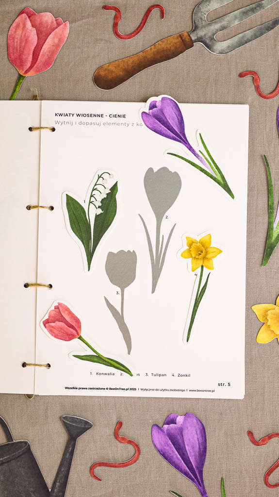 Ogrodnik Zestaw aktywnosci montessori do druku pdf printablekarty klamerkowe liczenie cyfry grafomotoryka matematyka ogrod lopatka tulipan ebook 11