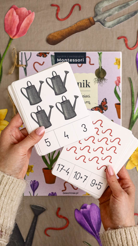 Ogrodnik Zestaw aktywnosci montessori do druku pdf printablekarty klamerkowe liczenie cyfry grafomotoryka matematyka ogrod lopatka tulipan ebook 15