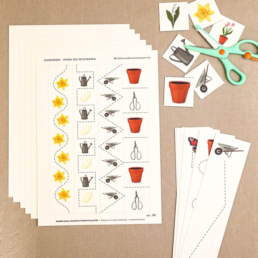 Ogrodnik Zestaw aktywnosci montessori do druku pdf printablekarty klamerkowe liczenie cyfry grafomotoryka matematyka ogrod lopatka tulipan ebook 55