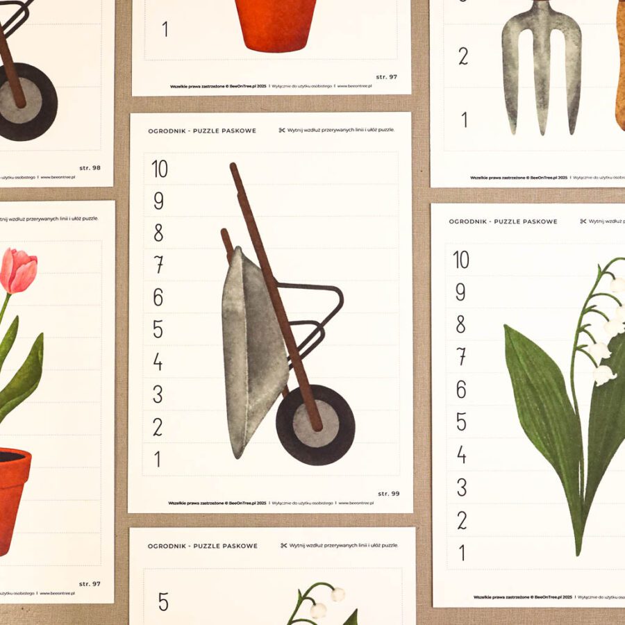 Ogrodnik Zestaw aktywnosci montessori do druku pdf printablekarty klamerkowe liczenie cyfry grafomotoryka matematyka ogrod lopatka tulipan ebook 62