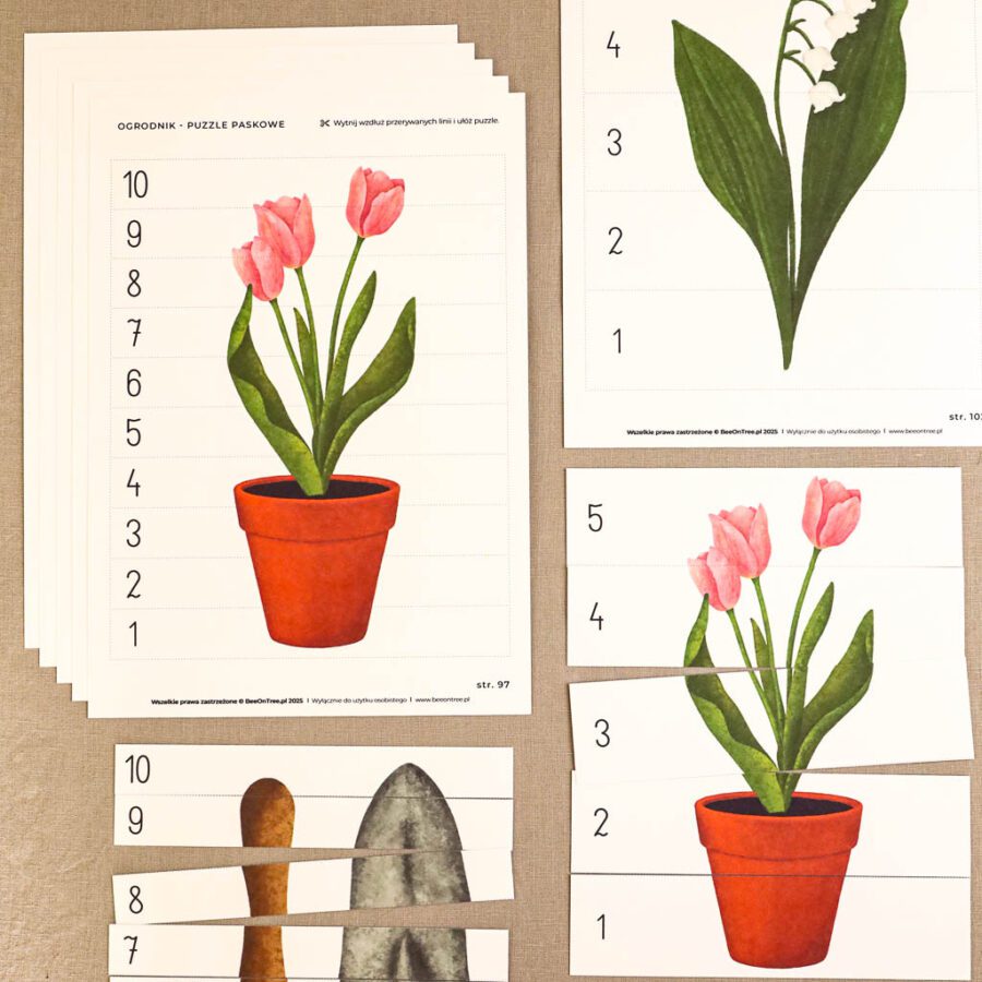 Ogrodnik Zestaw aktywnosci montessori do druku pdf printablekarty klamerkowe liczenie cyfry grafomotoryka matematyka ogrod lopatka tulipan ebook 63