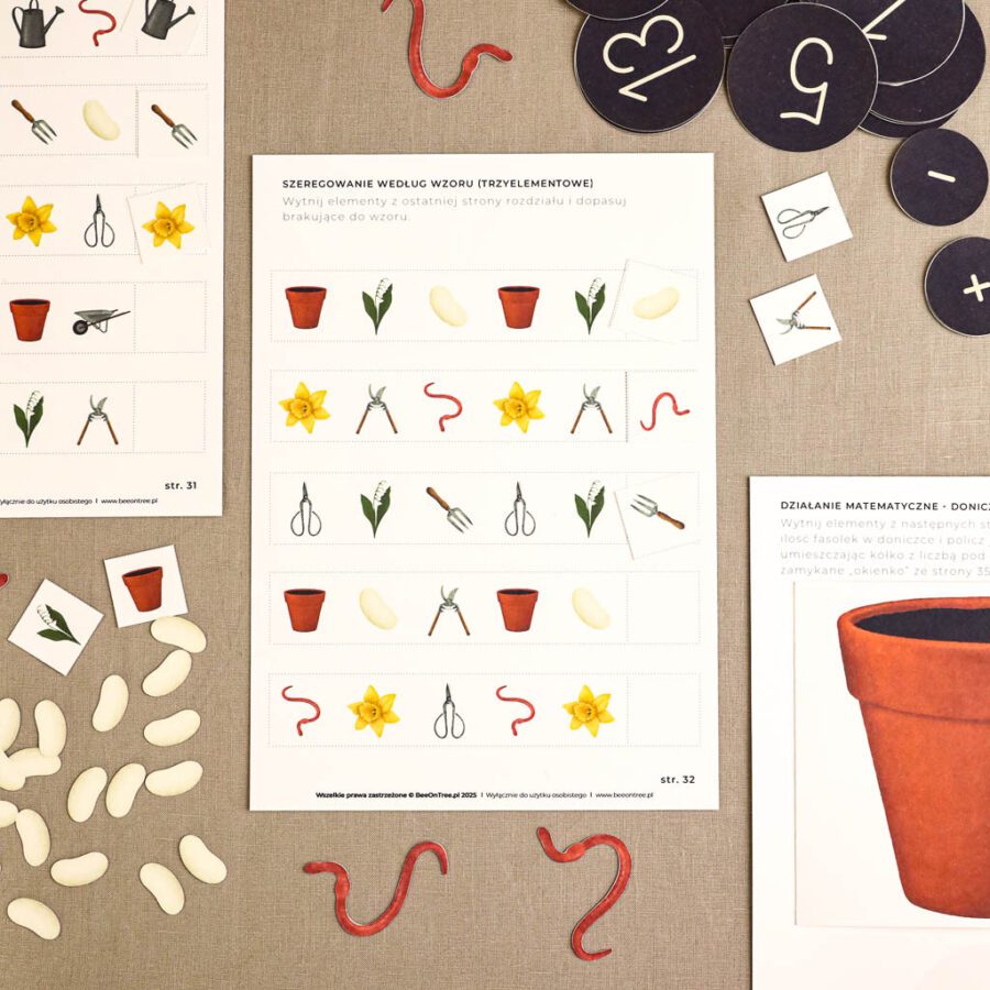 Ogrodnik Zestaw aktywnosci montessori do druku pdf printablekarty klamerkowe liczenie cyfry grafomotoryka matematyka ogrod lopatka tulipan ebook 68