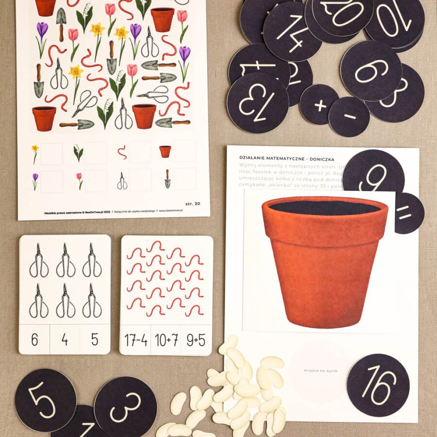 Ogrodnik Zestaw aktywnosci montessori do druku pdf printablekarty klamerkowe liczenie cyfry grafomotoryka matematyka ogrod lopatka tulipan ebook 70