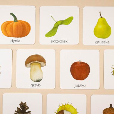 🍁 Jesień - Edukacyjne karty trójdzielne Montessori ze skarbami jesieni