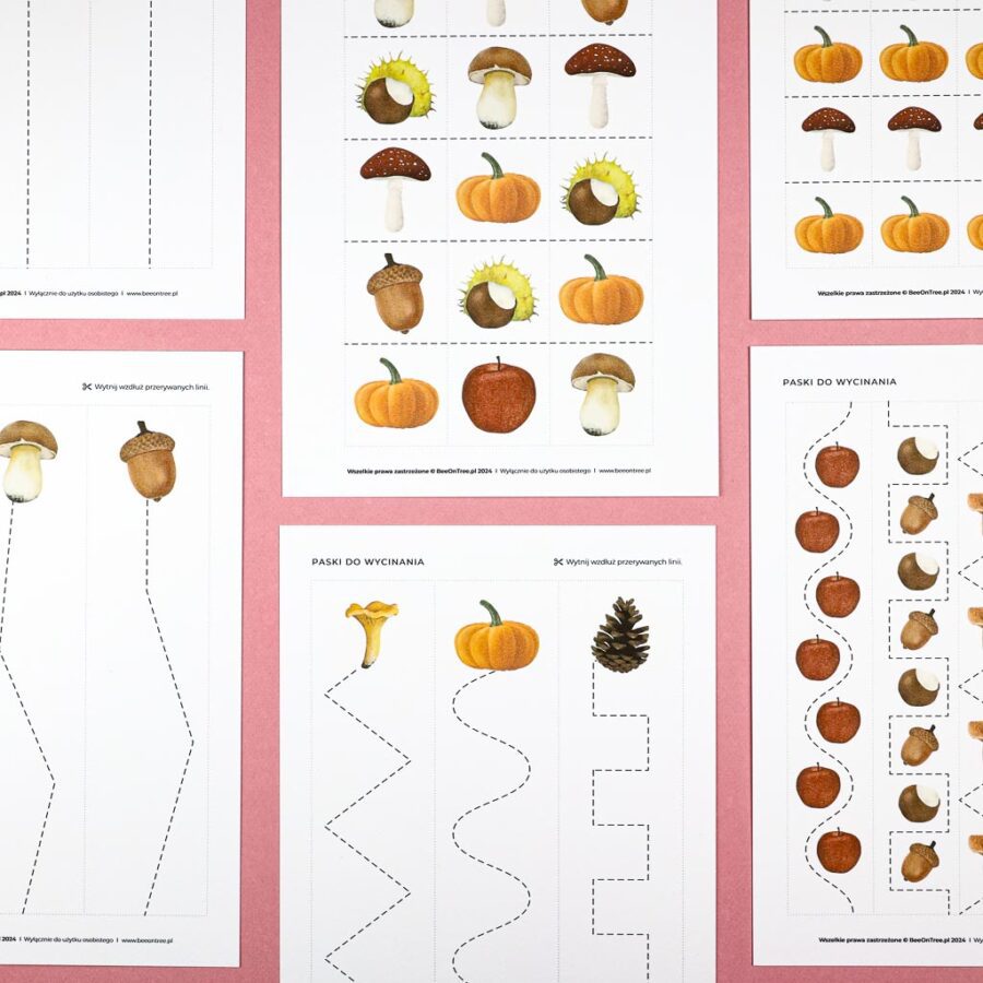 Jesien karty pracy wyklejanki wycinanki passki do wycinania domino puzzle montessori printable pdf 38