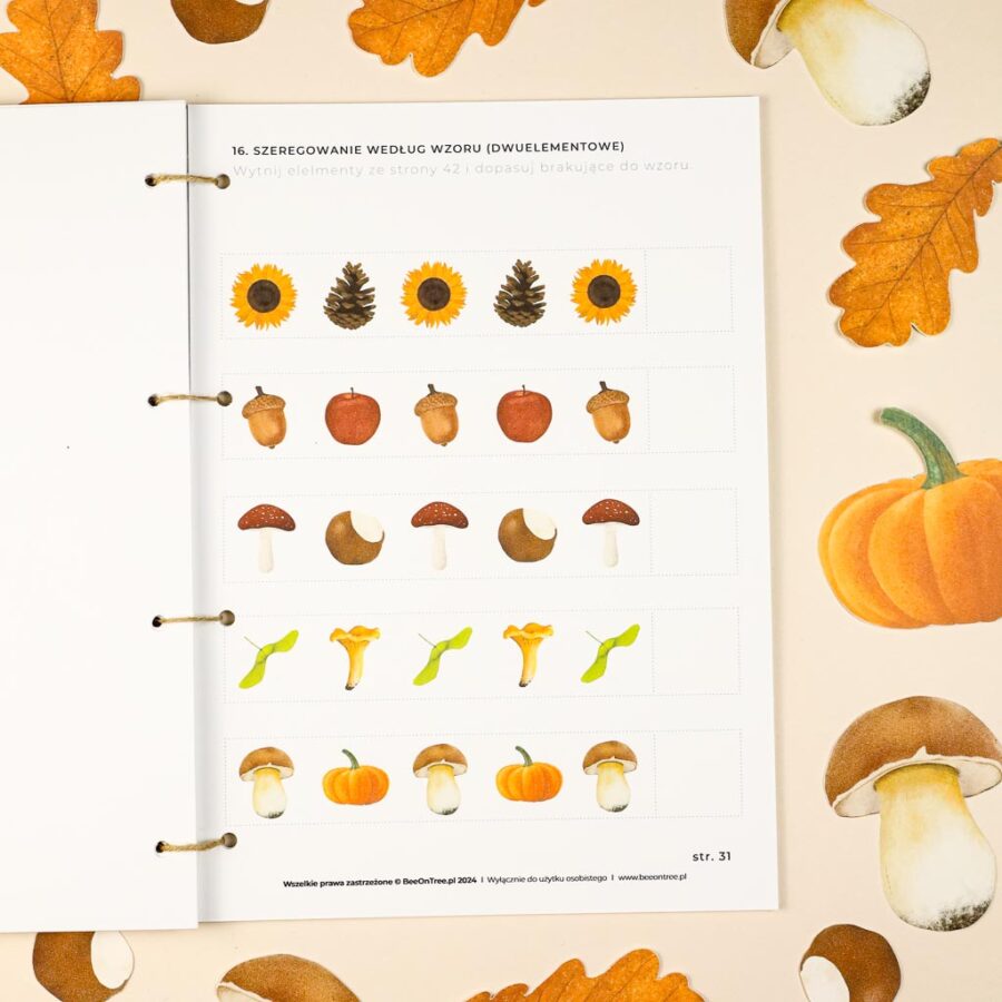 Jesien karty pracy wyklejanki wycinanki passki do wycinania domino puzzle montessori printable pdf 64